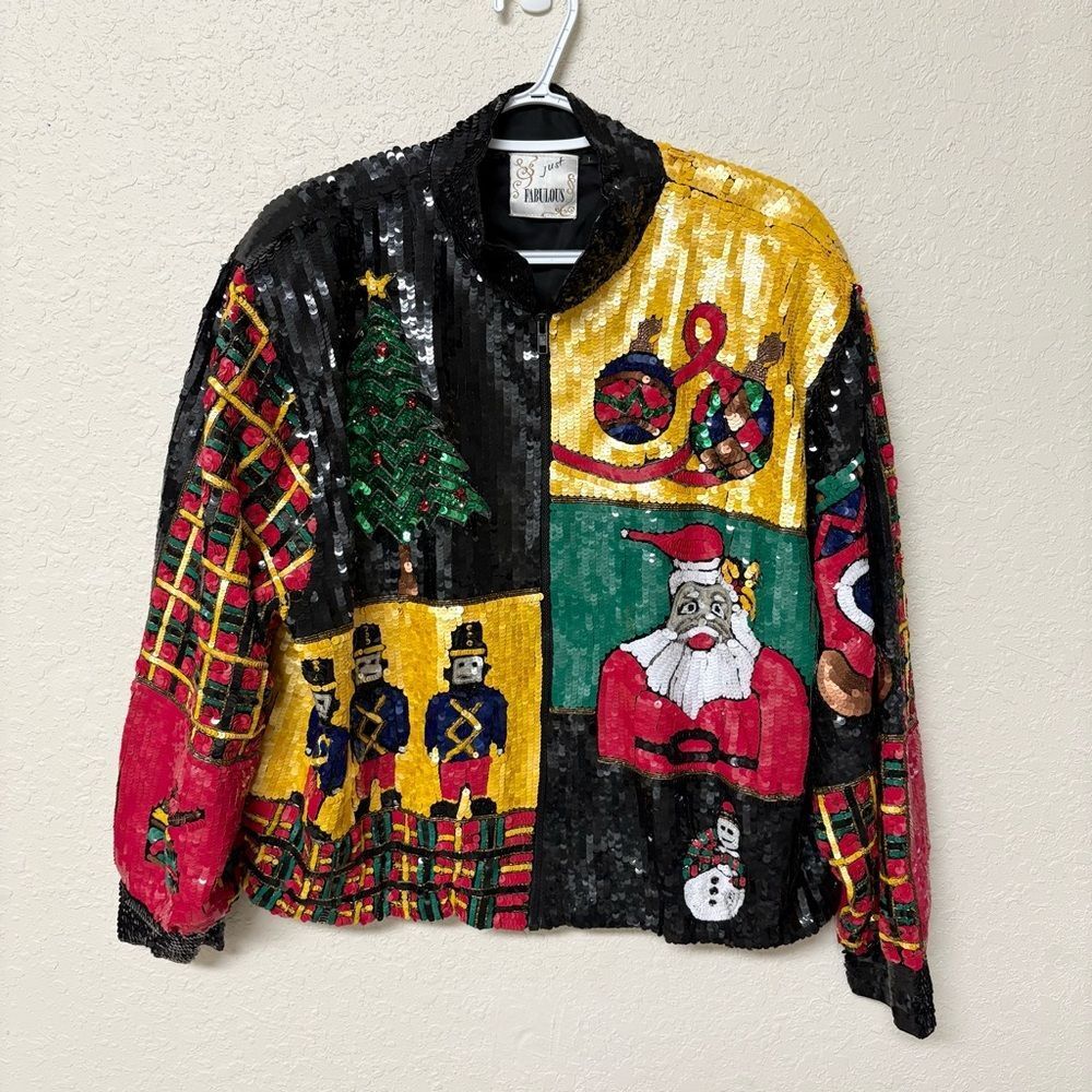 Vintage Just Fabulous Christmas Sequin & Silk Zip Jacket Size L Festive Pockets